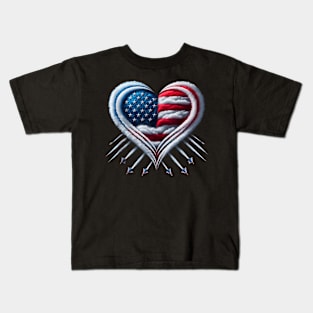 Fighter Jet Airplane American Flag Heart 4Th Of July Kids T-Shirt